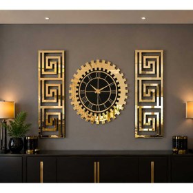 Resim EYKA STORE Dekoratif 3 Lü Set Pleksi Gold Aynalı 3d Kabartmalı Duvar Saati Ve Dekoru. Saat 40 cm, 20x50 cm Tablo. Sessiz saat 