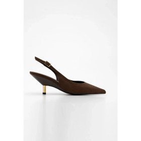 Resim Marjin Kadın Stiletto Sivri Burun Arkası Açık Altın Metal Ökçe Klasik Topuklu Ayakkabı Rente Kahve Süet 