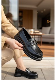 Resim Noch Kadın Antik Gümüş Köprü Tokalı Pürüzsüz Deri Dokulu Comfort Loafer Sıyah Cılt 