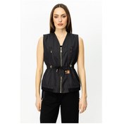 Resim On Kadın Kolsuz Minimalist Fermuarlı Bel Büzgülü Yelek Siyah 