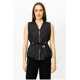 Resim On Kadın Kolsuz Minimalist Fermuarlı Bel Büzgülü Yelek Siyah 