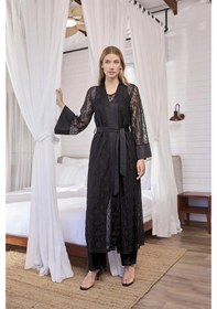 Resim Arias Closet Uzun Kollu Dantelli Ve Kuşaklı Sabahlık Siyah 