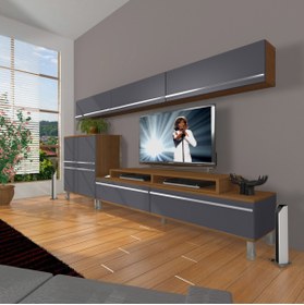 Resim Decoraktiv Ekoflex 8 Mdf Krom Ayaklı Tv Ünitesi Tv Sehpası - Ceviz - Antrasit 