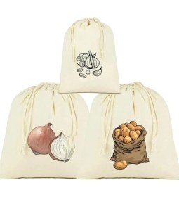 Resim Hype Store Patates, Soğan ve Sarmısak Saklama Torbası, 3'lü Set, Ham Bez Kumaş, Çekme Ipli 