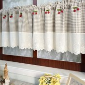 Resim 1 Panelli Rustik Amerikan Kırsal Tarzı Kiraz Kısa Valans Perde, Klasik Ekose Dantel Çiçek Nakışlı, Vintage Kahve Yarı Perde Mutfak, Oturma Odası, Lavabo Gölgesi için - Çubuk Cebi Tasarımı, Işık Filtreleyen Kumaş 