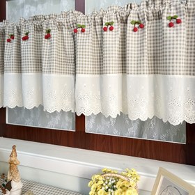 Resim 1 Panelli Rustik Amerikan Kırsal Tarzı Kiraz Kısa Valans Perde, Klasik Ekose Dantel Çiçek Nakışlı, Vintage Kahve Yarı Perde Mutfak, Oturma Odası, Lavabo Gölgesi için - Çubuk Cebi Tasarımı, Işık Filtreleyen Kumaş 