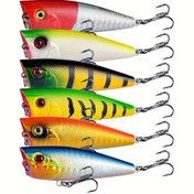 Resim 6 adet Popper Balıkçılık Yemi, 6cm/6.5g Üstten Yüzen Yapay Sert Yem, Bass Alabalık Turna Balığı İçin 2 Tiz saç tokası ile Wobbler Yem 
