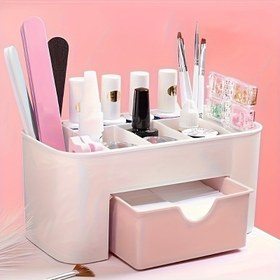 Resim Çekmeceli Pembe ve Beyaz Çok Fonksiyonlu Tırnak Sanatı Organizatörü - Fırçalar, Dosyalar, Şişeler & Güzellik Araçları için Dayanıklı Plastik Masaüstü Depolama | Hafif, Montaj Gerektirmez | Parlak Yüzeyli, Kompakt Tuvalet Masası & Kuaför Organizasyonu, Tırnak Sanatı Malzemeleri 