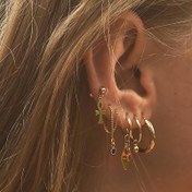 Resim 14K Altın Kaplamalı Demir Seksi Sevimli Damla ve Salla Küpe Seti, 5 Parça Günlük ve Parti Etkinlikleri için Paslanmaz Çelik İğneli Moda Kulak Takısı - Mozaik Yok, Tüm Mevsimler 