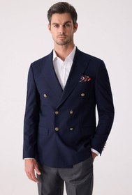 Resim Ysf Erkek Lacivert Regular Fit Yün Puntolu Kruvaze Blazer Ceket 