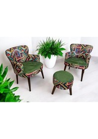 Resim Azra Mobilya 3lü Koltuk Set - Tekli Koltuk Puf Seti - Berjer Tekli Koltuk - Dijital Baskı Yeşil 