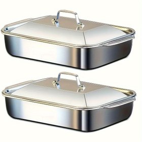 Resim 2 adet Ever Blooming Paslanmaz Çelik Dikdörtgen Fırın Tavaları Kapaklı - Ağır Hizmet, Yapışmaz, Kalınlaştırılmış, BBQ, Büfeler, Tatiller, Tatlar, Ekmek ve Deniz Ürünleri için Mükemmel, Gıda Güvenliği ve Paslanmaz, Fırın Temel Gereksinimleri | Dikdörtgen Fırın Tavası | Dayanıklı Pişirme Ekipmanları 