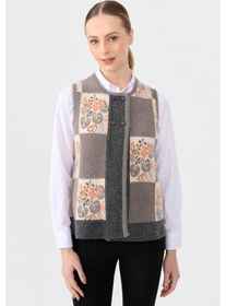 Resim Desen Triko Kadın Sıfır Yaka Patchwork Arkası Keçe Kısa Yün Yelek 24074 Füme Füme 