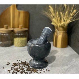 Resim PremiumPort Şık Beyaz ve Siyah Doğal Mermer Havan, Zarif ve Dayanıklı Tasarım 