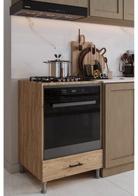 Resim Cebese Ankastre Fırın Ve Ocak Dolabı Ayaklı Siyah Kulplu Modern Mutfak Dolabı Beyaz Renk Kahverengi 