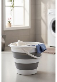 Resim Snippy Accord - Yuvarlak Silikon Katlanabilir Çamaşır Sepeti - Akordiyon Katlanır Kova Kirli Sepeti 12 Lt Beyaz - Gri 