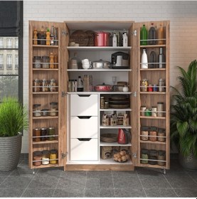 Resim 165 Derece Açılabilir 2 Kapaklı, 3 Çekmeceli, Kavanoz Raflı Kiler Ve Erzak Mutfak Dolabı Atlantik Çam 