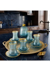 Resim 13 Parça Mavi Lüster Altın Yaldızlı 6 Kişilik Cam Çay Seti Ve Şekerlik Hediyeli Mavi 