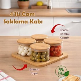 Resim Porsima HF009006 Yuvarlak 4lü Hava Geçirmez Bambu Standlı Cam Kahvaltılık Seti Bambu Kapaklı Saklama Kabı 250ml 