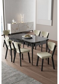 Resim Canisa Exve Serisi 80x132 Açılabilir Siyah Mermer Desen Masa Takımı Ve 6 Krem Sandalye Masa Siyah Mermer Desen Sandalye Krem 