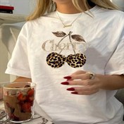 Resim Vintage Geometrik Leopar Vişne Baskılı Çapraz Yaka Tişört, Yaz Knit Polyester, Kadınlar için Normal Uzunluklu Üst 