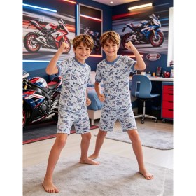 Resim NiCe İç Giyim Motorsiklet Temalı Mavi Renk Kısa Kol T-Shirt & Şort Bisiklet Yaka Erkek Çocuk Pijama Takım Pamuk Penye 