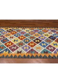Resim El Dokuma Afgan Kilim 100% Yün Harıka Desenlı Yolluk Çok Renkli 