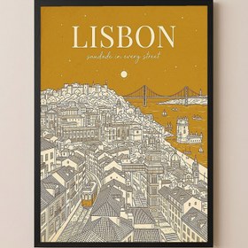 Resim Lisbon Line Art Print - Mustard Yellow Tram Belém Tower Skyline Wall Art - Wooden Frame - Black / 20 x 28" (50x70 cm) 