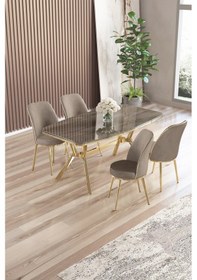 Resim Canisa Lena Serisi 90x160 Antrasit İroni Gold Kaplama Ayaklı Masa Takımı Ve 4 Cappucino Sandalye Antrasit İroni Masa Cappucino Sandalye 