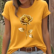 Resim Kadınlar için Rahat Sarı Gül Grafik T-Shirt - Kısa Kollu Yuvarlak Yaka, Hafif Polyester, Bahar ve Yaz Kıyafetleri için Mükemmel, Bayanlar T Shirtleri 