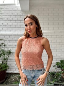 Resim MALDİA SHOP Kadın Dantel Detay Kolsuz Pudra Bluz 