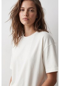 Resim Elemge %100 Pamuk Süprem Kadın Boxy Fit Ekru T-shirt Bol Kesim Düşük Omuzlu Bisiklet Yaka Krem Oversize Tişört 