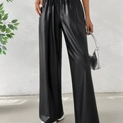 Resim Kadın PU Deri Düz Renkli Rahat Düz Paça Pantolon, Her Mevsim Şık Pantolon, Yetişkin Rahat Bağcıklı Pantolon, dokumasız Malzeme (PVC/Suni Deri/Süet) 