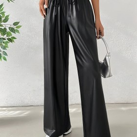 Resim Kadın PU Deri Düz Renkli Rahat Düz Paça Pantolon, Her Mevsim Şık Pantolon, Yetişkin Rahat Bağcıklı Pantolon, dokumasız Malzeme (PVC/Suni Deri/Süet) 