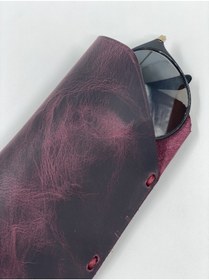 Resim MAT Deri Rayban Gözlük Kabı Mor Efektli Hakiki Deri El Yapımı Slim Okuma Gözlük Kılıfı 