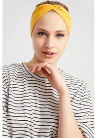 Resim Butik Çapraz Bağlamalı Kadın Bandana Saç Bandı, Kaymaz Yumuşak Esnek%100 Pamuklu Penye - Tek Ebat / Hardal Sarısı Hardal Sarısı 
