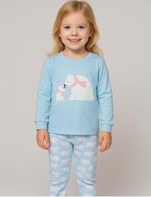 Resim Kız Çocuk Pamuklu Kutup Ayısı Baskılı Pijama Takımı-16020 Turkuaz 