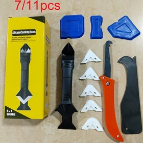 Resim 7/11 adet silikon mastik aracı kiti, mastik çıkarma aracı, boşluk kanca bıçağı, paslanmaz çelik başlıklı harç çıkarıcı araç yeniden kullanılabilir ve değiştirilebilir 5 silikon ped mutfak banyoları ve pencereler için 