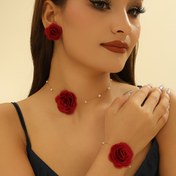 Resim Yeni Kırmızı Kore Tarzı Gül Kolye, Bileklik ve Küpe 4 Parça Set - Kadınlar için Davet Aksesuarları 