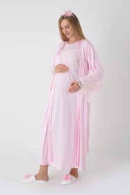 Resim Lohusa ve Hamile Giyim / Gizli Düğmeli Emzirmeli Hamile Gecelik ve Sabahlık Takımı / Viskoz - 2301 - Pembe / XL / Terlik ve Taç Seti İstiyorum +300₺ 