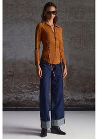 Resim Grimelange Bogotan Kadın Slim Fit Vücudu Saran Süet Belden Bağlamalı Ipli Kahverengi Gömlek Kahverengi 