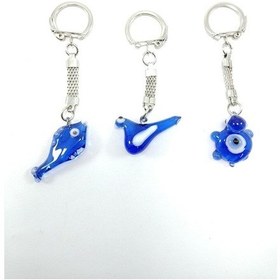 Resim Cam Nazar Boncuğu Anahtarlık Üçlü Set El Yapımı Kuş + Balık + Kap 