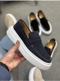 Resim Süet Deri Ultra Rahat Babet Ayakkabı Lacivert 