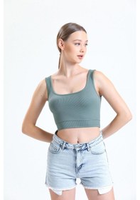Resim Thiff Gymwear Yeşil Fitilli Kare Yaka Esnek Örme Crop Büstiyer Atlet Haki 