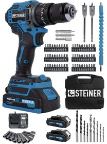 Resim STEİNER 21v Çift Akü Kömürsüz Motor Çelik Mandren Darbeli Akülü Vidalama Şarjlı Matkap (84 Parça Usta Set) 