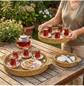 Resim Büro Ev Ofis Sofra Servisi İçin 3adet Plastik Hasır Tasarım Rattan İçe Geçen Yuvarlak Tepsi Seti Diğer 