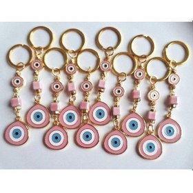 Resim Hediyelik 10'lu Büyük Nazar Boncuklu Pembe Anahtarlık Boyu 10,5 Cm 