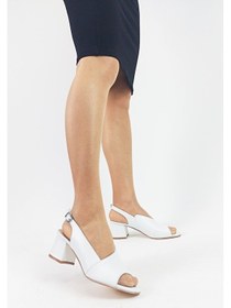 Resim Hakiki Deri Beyaz Renk Kalın Topuk Bantlı Kadın Topuklu Sandalet Beyaz 