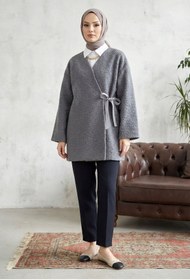 Resim MODAQU Yandan Bağlamalı Buklet Kumaş Kimono -Füme 
