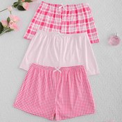 Resim 3 adet Kadın Plaid Rahat Giyim Seti - Tüm Mevsimler için Rahat Polyester Kısa Uyku Pantolonları, Kurdele Detaylı, Örgü Kumaş, Elastik Bel, Rahat Ev Şortları - Pembe ve Beyaz Desenli Pijama Altı 